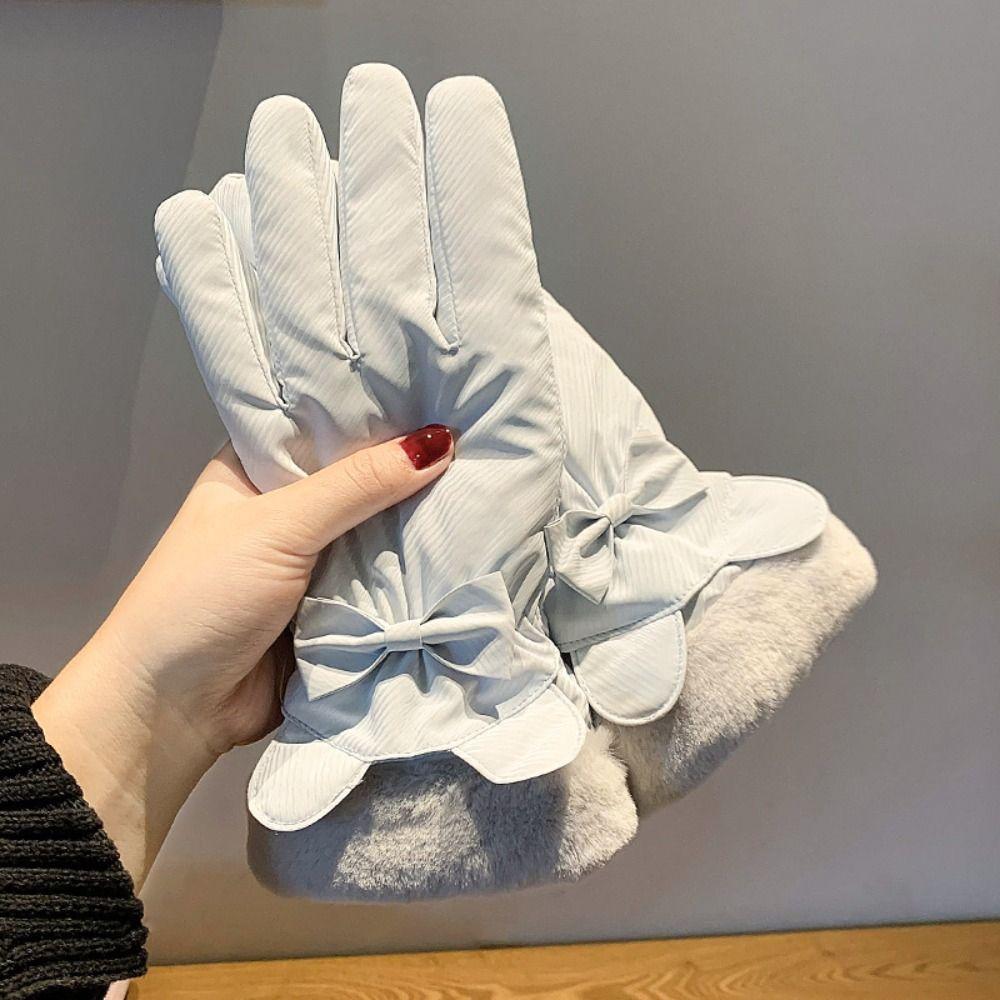 Soft Plush Thickened Gloves  Satin Windproof Gloves Gift Bow Anti-cold Mittens  Daily