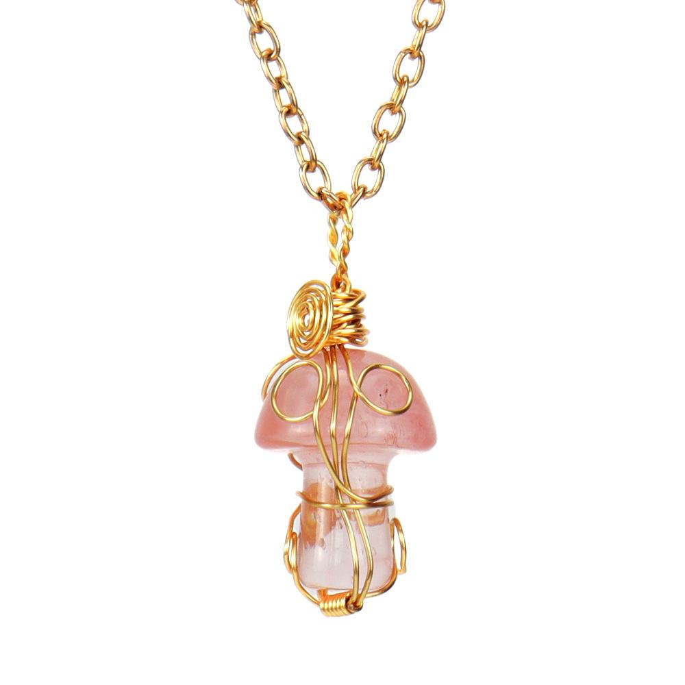 Handmade Gold Winding Crystal Tiger Stone Agate Small Mushroom Pendant Necklace Jewelry N588