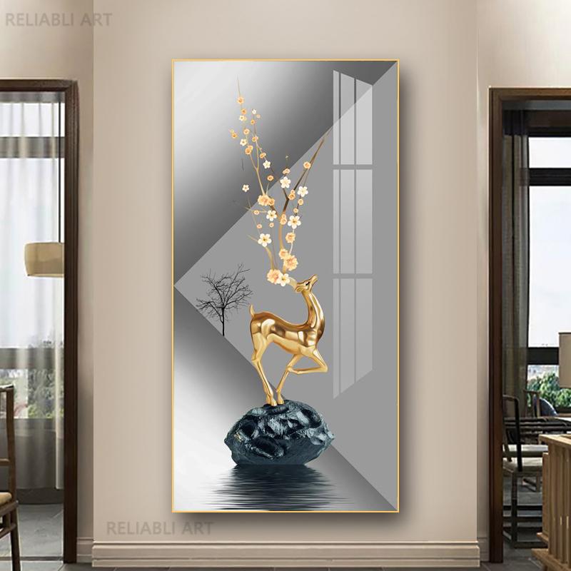 New Chinese Fengshui Golden Deer Canvas Painting Abstract Zen Stone Posters and Prints Modern Luxury Wall Art for Porch Decor