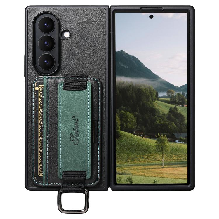 For Samsung Galaxy Z Fold7 Suteni H13 Oil Wax Leather Wrist Strap Wallet Back Phone Case чёрный