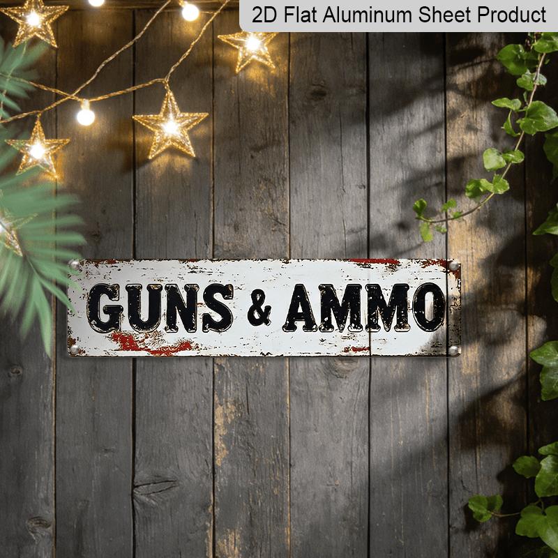 2D Flat, 1pc Vintage Gun & Ammo Aluminum Decorative Sign - Rustic Metal Wall Decor with "Guns & Ammo" Text, 15.7×3.94inch - Farmhouse, Porch
