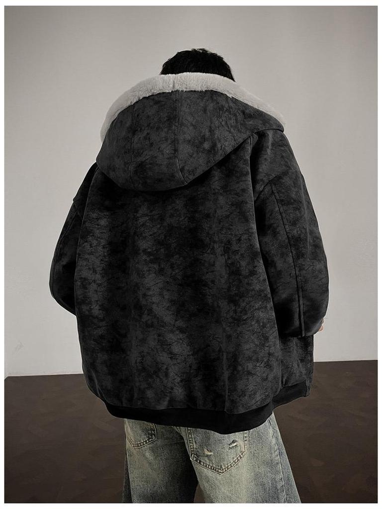 Men's Winter Lychee Pattern PU Leather Jacket with Hood and Fur Collar