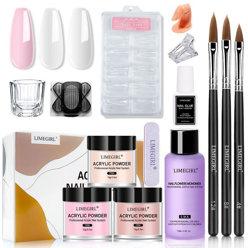 Nail Art Beginner Crystal Nail Kit White Clear Pink Powder Set 12 Colors Glitter French Nail Tips