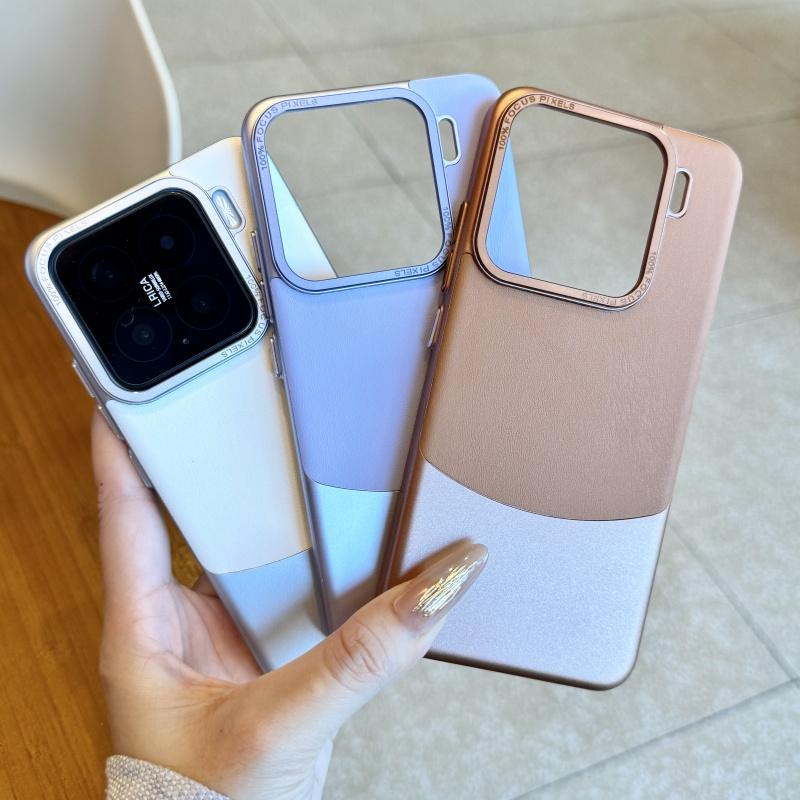 Luxury Double Color Plain Leather Matte Phone Case for Xiaomi 15 14 13 Pro Metal Lens Protection Splice Hybrid Shockproof Cover
