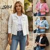 Women Jean Jacket Women's Long Sleeve Cropped Denim Jacket, Button Down Lapel Jeans Coat with Pockets, Fall Spring Lightweight Outerwear