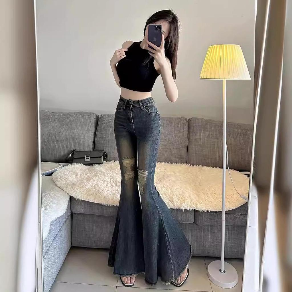 Hot Girl Retro Fishtail Flared High Waist Ripped Jeans