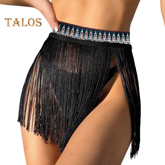 

Юбка для плавания, накидка с высокой талией, однотонная, с кисточками, защита от солнца, пляжная юбка-бикини для бассейна, пляжа, горячего источника, сексуальный купальник S черный белый