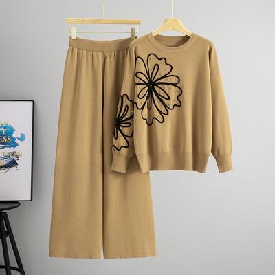 Top autunnale e invernale color-block con fiore tridimensionale e girocollo, pantaloni a gamba larga a vita alta, set in maglia da donna, set due pezzi