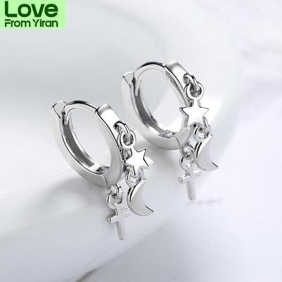 Fashion 925 Sterling Silver Earrings For Women Creative Moon Star Vintage Cross Hoops Jewelry Girl Accessories Party Gift