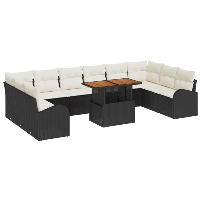 VidaXL Ensemble de salle à manger de jardin 11 pièces avec coussins en rotin poly noir acacia 3349634