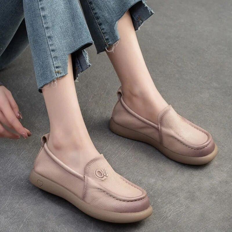 Retro Versatile Women's Shoes Genuine Leather Loafers Round Toe Soft Sole Casual Slip-on Flat Shoes