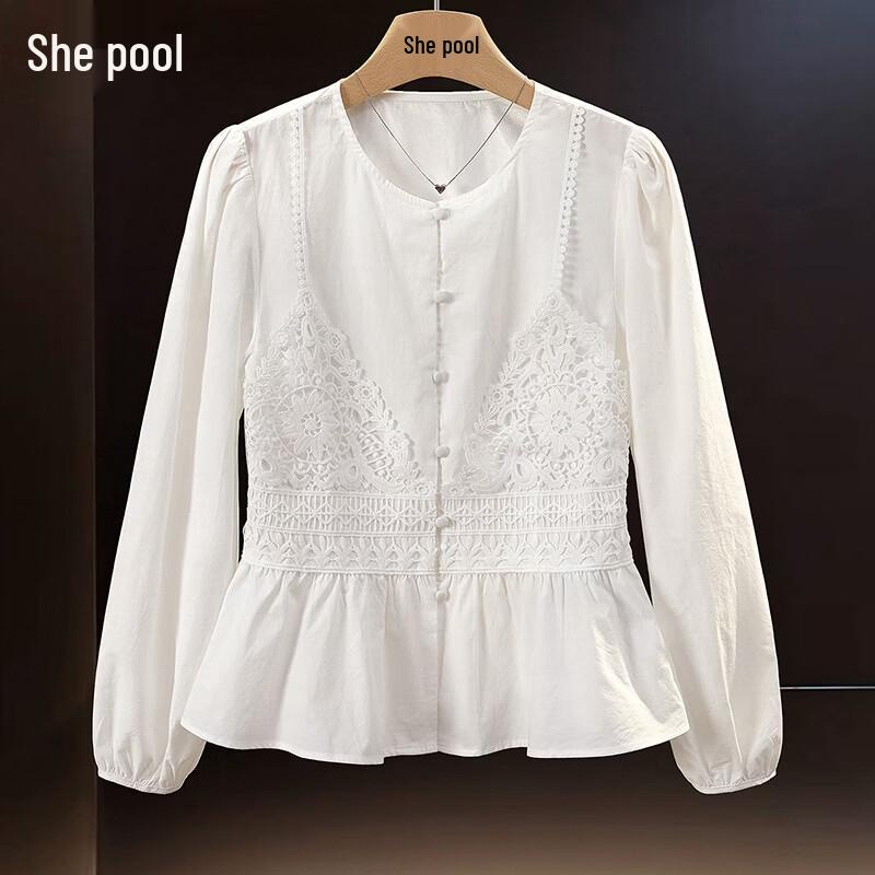 Shepool Women s French Elegant Faux Two-Piece Lace White Shirt M