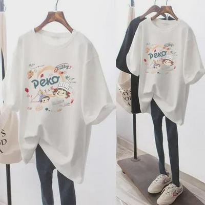2023 Europäisches Damen-Sommer-T-Shirt mit lockerer Passform und Cartoon-Motiv – mittellang bis lang, kurzärmelig, koreanischer Stil, trendiges weißes Oberteil
