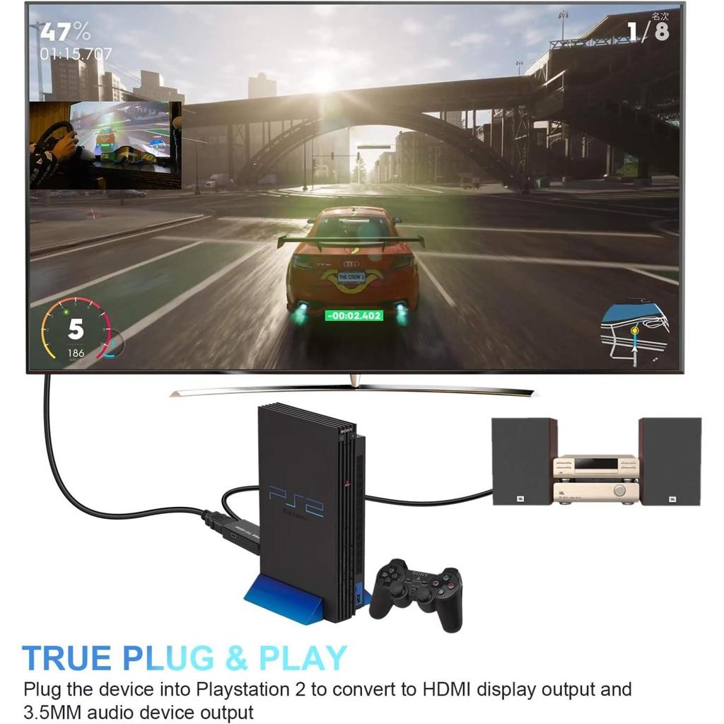 PS2-auf-HDMI-Konverteradapter, M209 – unterstützt alle Anzeigemodi der PlayStation 2, 3,5-mm-Audioausgang, Plug-and-Play, Stromversorgung über USB-Kabel