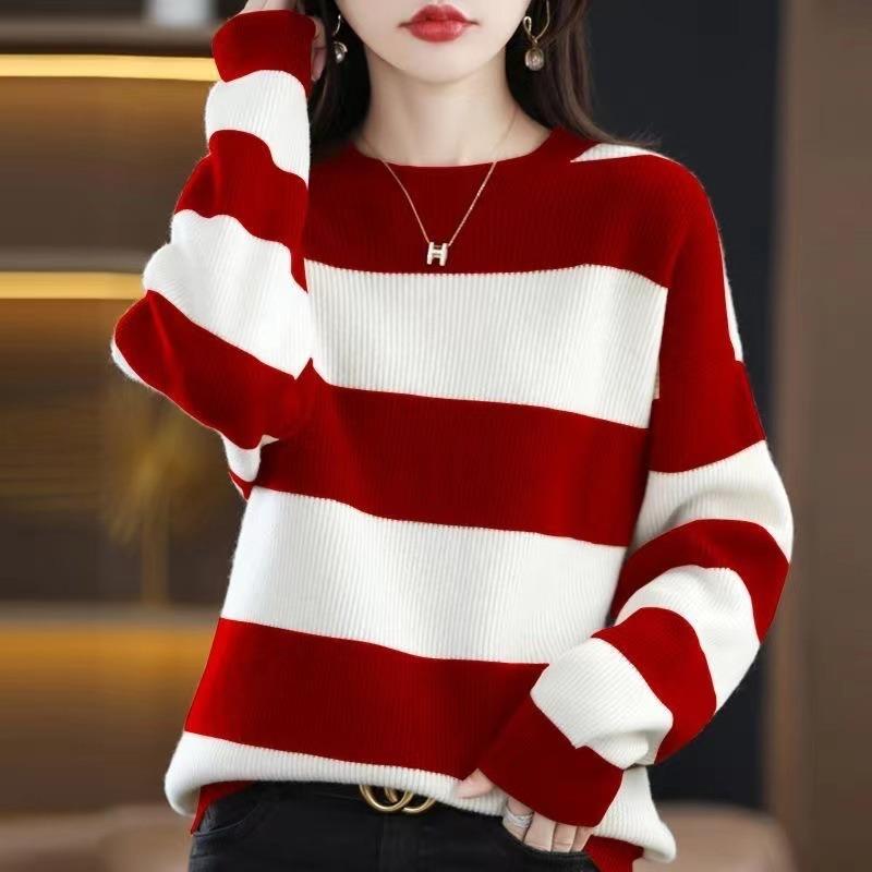 Modischer gestreifter Strickpullover langärmeliger Unterziehpullover Damen Herbst und Winter Neu Lockerer vielseitiger Rundhals-Pullover
