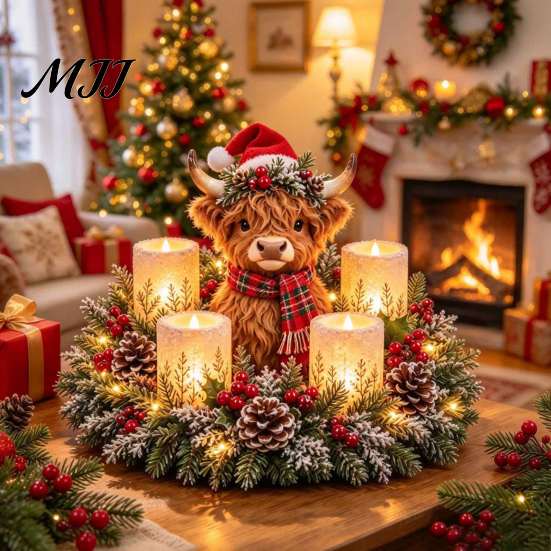Decorative Evergreen Lamp Christmas Animal Candle Holder Figurine, Resin LED Flameless Holiday Centerpiece Light, Desktop Ornament for Mantel
