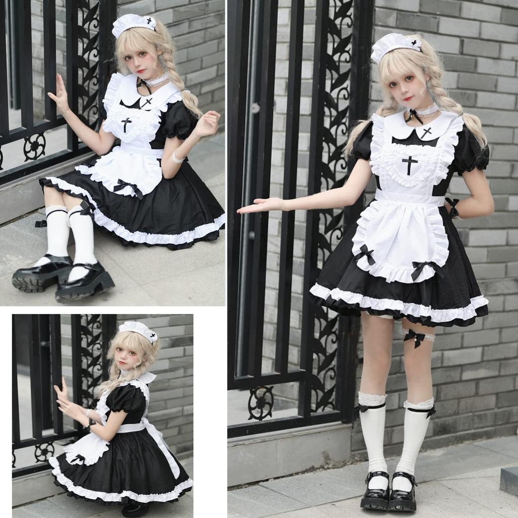 Maid Café Gothic Gothic Klein Größe M [FULINE] Kostüm, Cosplay, Maid, Halloween, Lolita, Niedlich, Alice-inspiriertes Kreuz, Kleid, Länge, Schwarz,