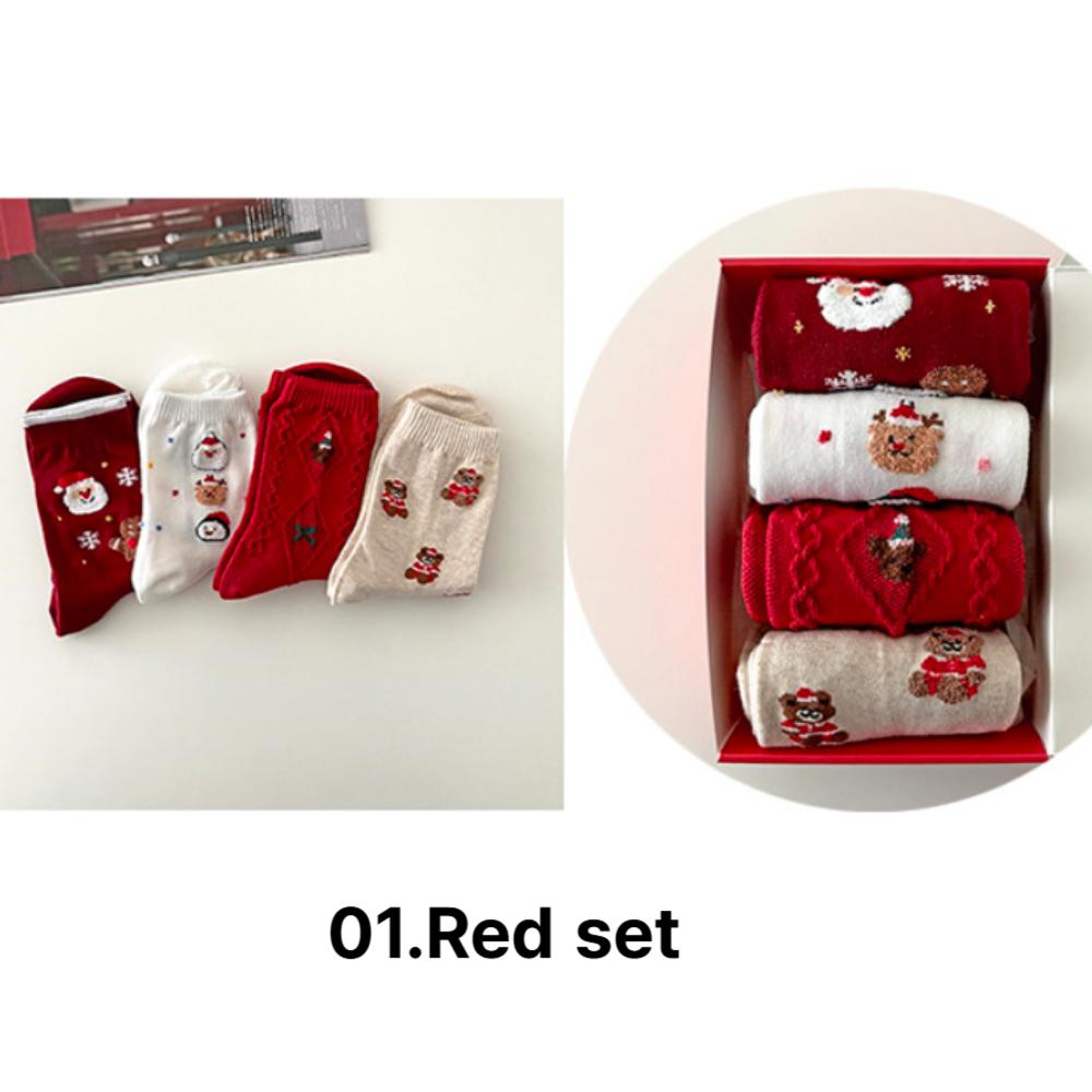 4Pairs Korean Christmas Socks Gift Set – Winter Cozy Women’s Socks – Holiday Cute Gift Box – 3 Color Sets (Red / Beige / Blue Navy)