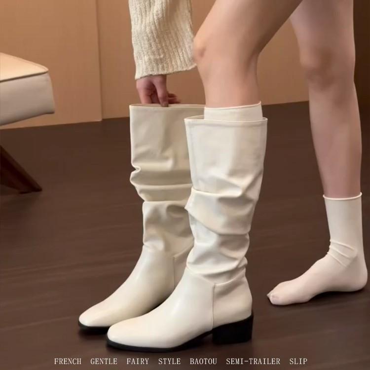 Sheepskin version~ French white pleated stacking boots women's British style thick heel boots temperament but knee knight boots