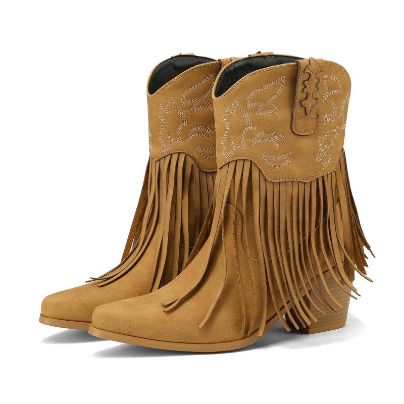 

Ковбойские ботинки с бахромой, женские вышитые ботильоны, вырезы на каблуках, массивная ретро-обувь 43 коричневый