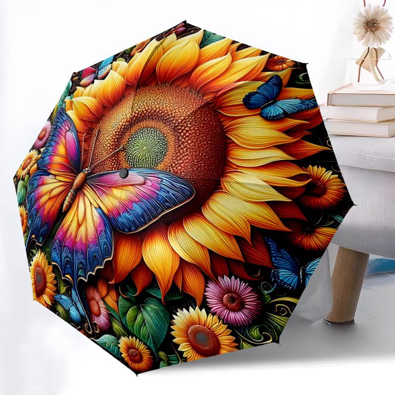 1pc Butterfly Sunflower Automatic Folding Umbrella   Compact 8 Rib Design, Durable Iron Frame for Travel, Outdoor,  a0920112