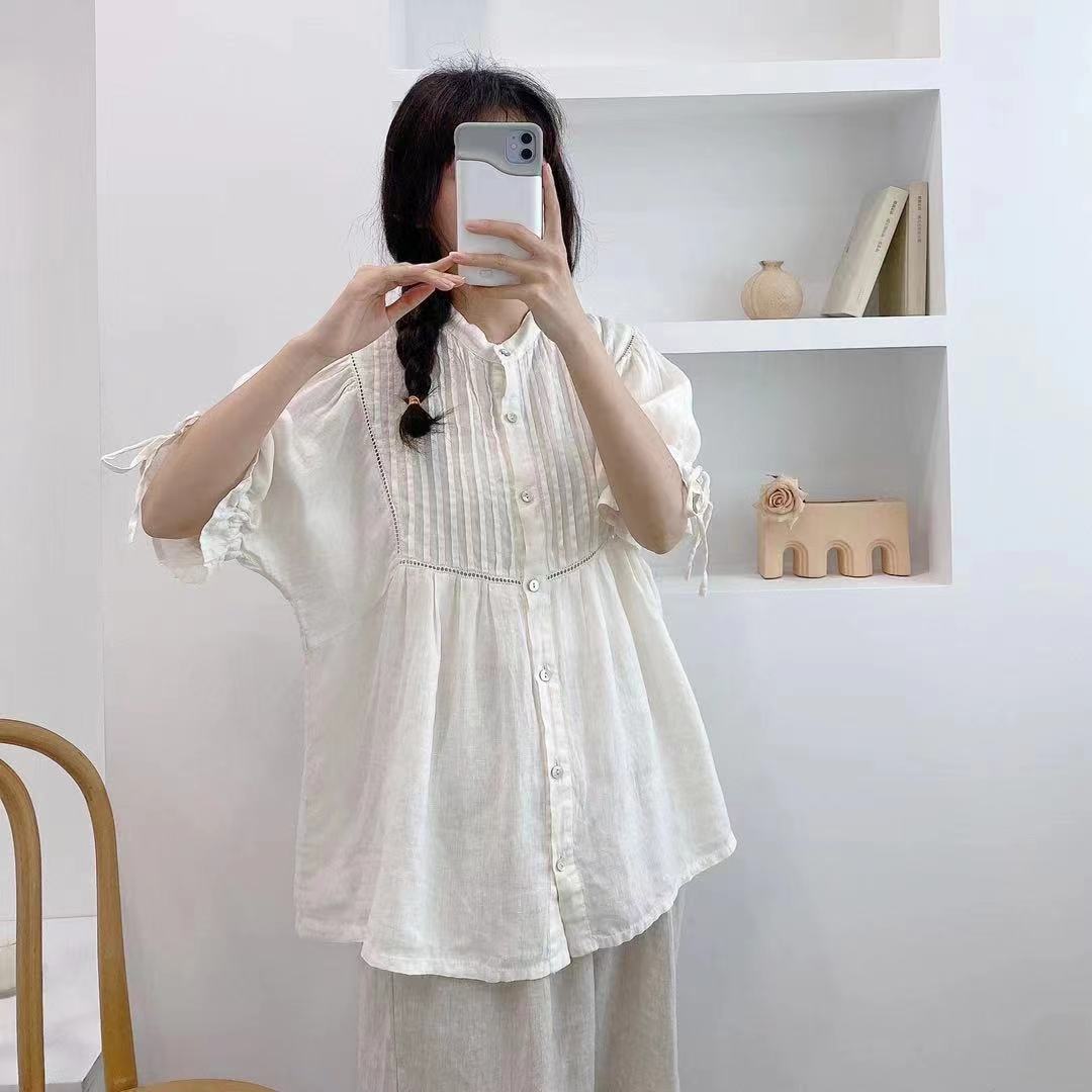 

Johnature винтажные льняные женские рубашки летние драпированные свободные однобортные женские рубашки Mori с короткими рукавами 3 цвета топы блузки One Size бежевый