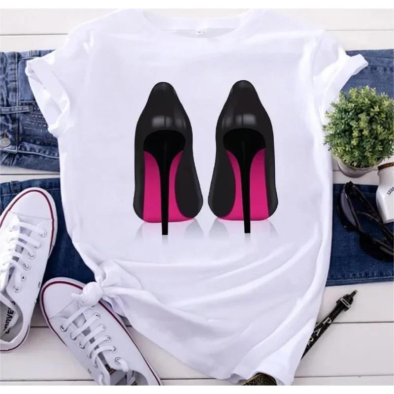 White T Shirt Women Top Casual Tshirt Fashion High Heel Shoes Print Femme Clothing Tshirt Harajuku Short Sleeve Female Tee Shirt