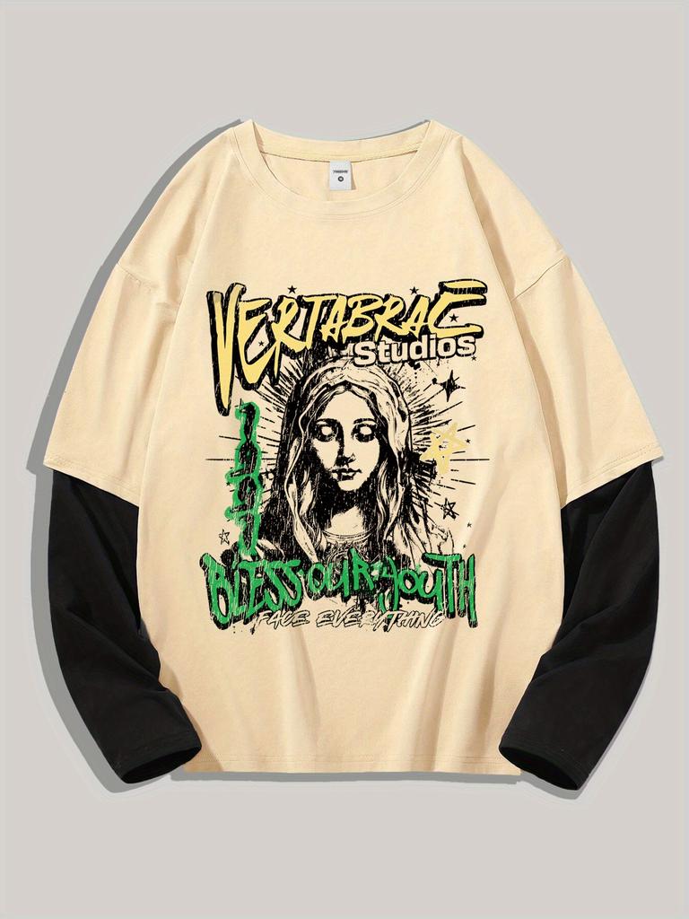 Men's Y2k Goth Shirt Graphic Oversized Long Sleeve Crewneck Tee Streetwear Tops Spring Fit