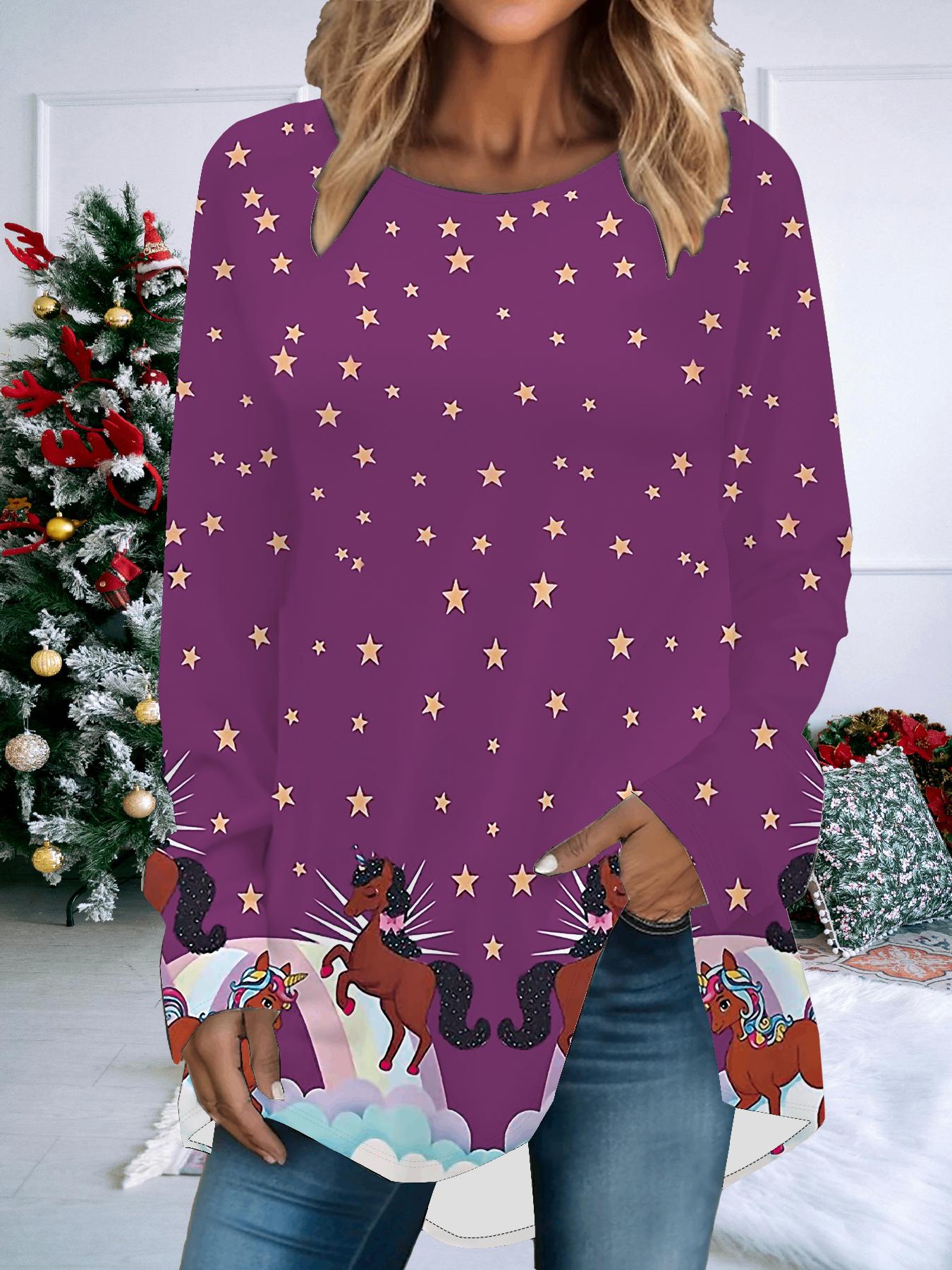 

Женская футболка больших размеров с принтом на весну и Рождество, удобная, с длинным рукавом и круглым вырезом, повседневная, свободного кроя, средней длины, топы 8XL фиолетовый
