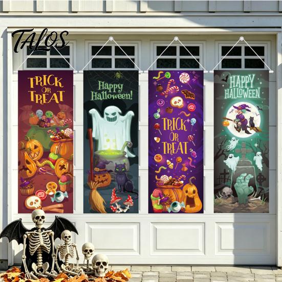 Outdoor Hanging Banners Halloween Flag Banner Backdrop, Spooky Pumpkin Witch Ghost Trick or Treat Door Signs Background Decoration for Indoor