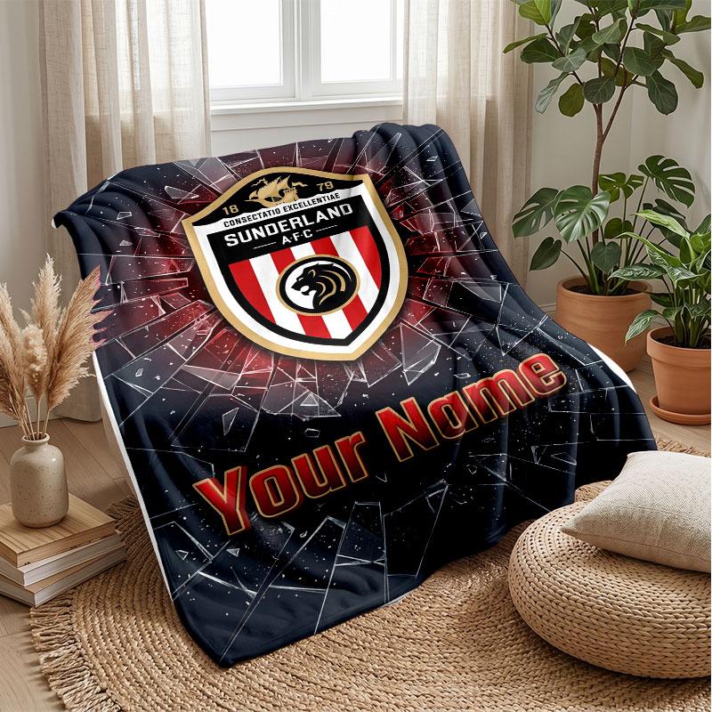 Sunderland FC Custom Name Text Flannel Blanket Soccer Logo Personalized Fleece Throw Blanket Special Gift For Sofa Bedroom Home