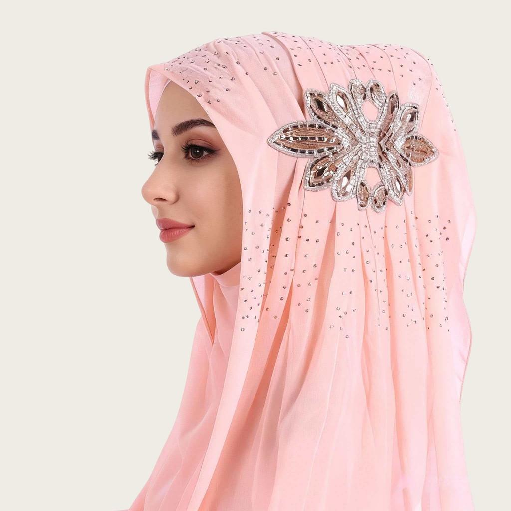Luxury Rhinestone Chiffon Hijab Scarf Women Muslim Crystal Diamond Headscarf White Wedding Shawl Embroidered Beaded Turban Wrap