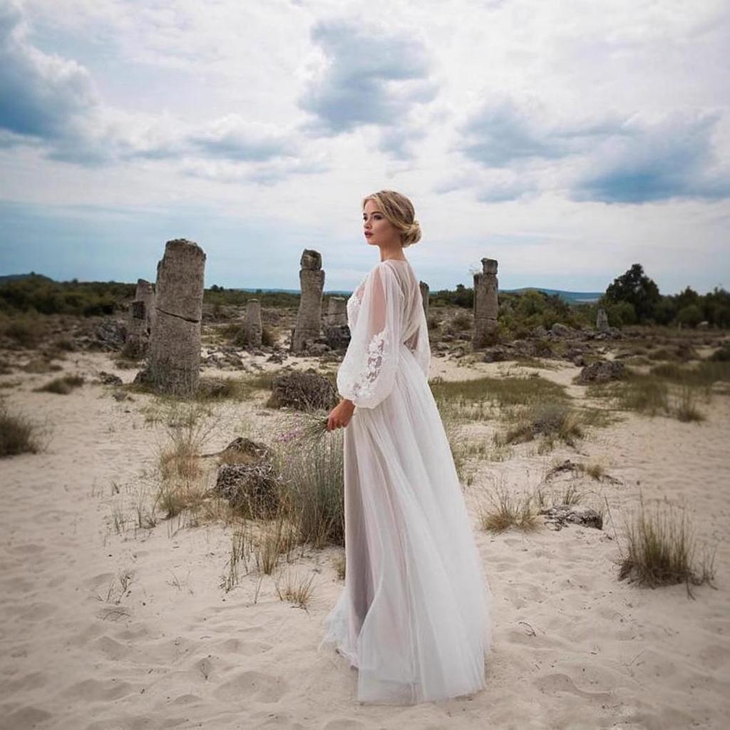 New Puff Sleeve Mesh Embroidery Wedding Dress