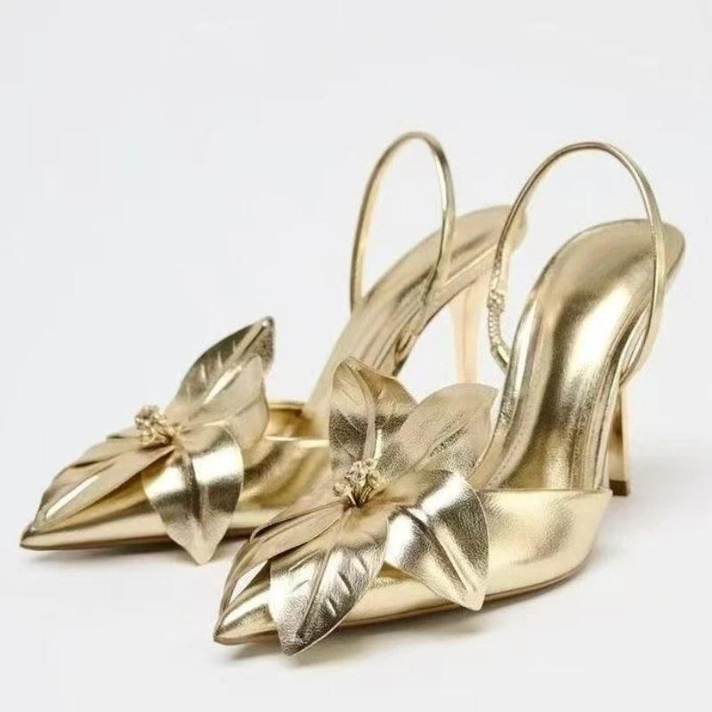 Luxury Gold Flowers Decorated Designer Heels for Women Elegant Pointed Toe Slingback Stiletto Sandals Fashion Party Dress Shoes