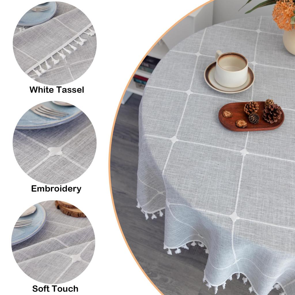 Baumwolle Leinen Runde Tischdecke, Boho Waschbare Karierte Tischdecke mit Quasten Bauernhaus Rustikal Tischdecken für Party Hochzeit