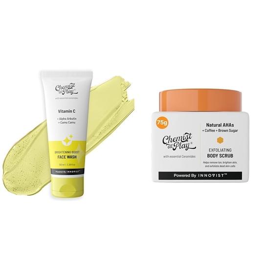 Chemist At Play Brightening Boost Face Wash with 30x Vitamin C For Men & Women | 100 ml Exfoliating Body Scrub For Removing Tan  | 75g