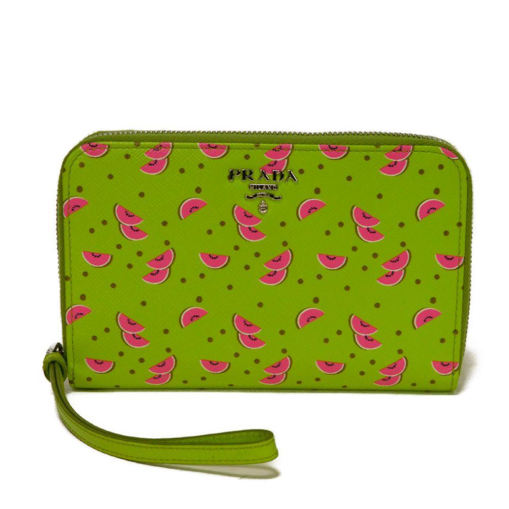 

Used Saffiano Watermelon Smartphone Pouch (11569) 1ZH030 7940 Dot Zip Around Coin Purse (Green) Logo Metal Elba Unisex