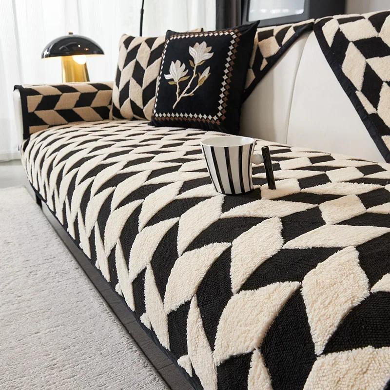 Chenille Sofa Cover Herringbone Striped Couch Mat Nonslip Thickened Couch Cushion Geometric Diamond Grid Four Seasons Sofa Cover