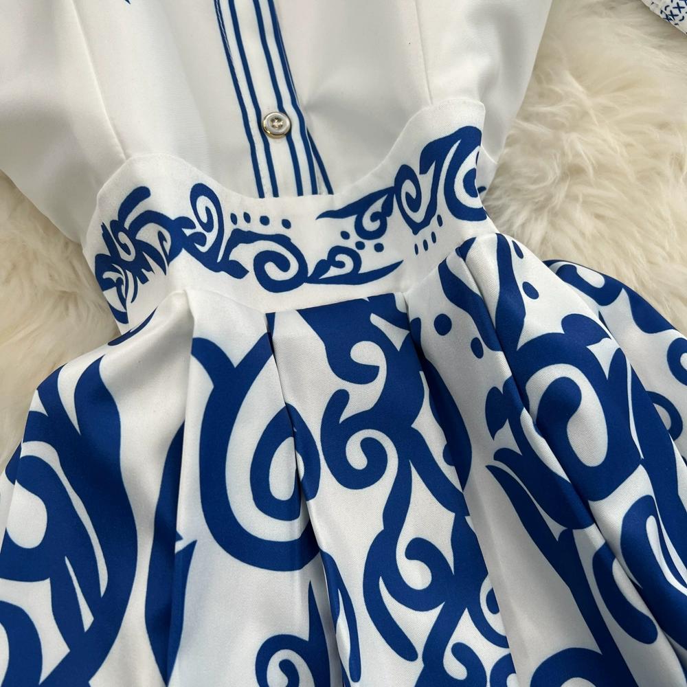 Summer Women Designer Print Runway Dress Short Sleeve Lapel Shirt Party Dresses