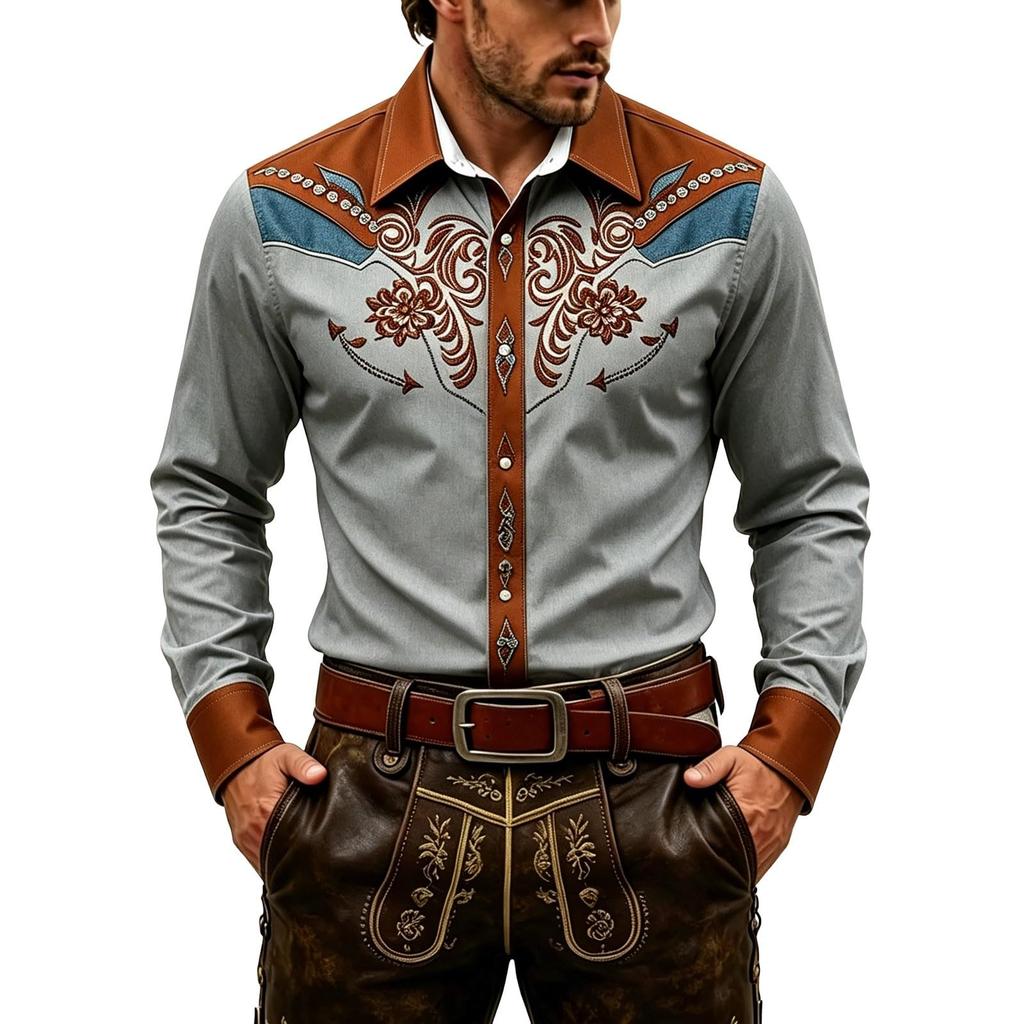 Camisa Occidental para Hombre Retro Estampado 3D Bordada Manga Larga Ajuste Top de Fiesta