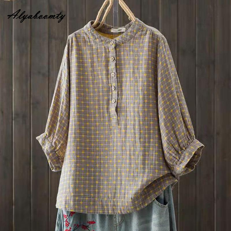 7 Colors Spring Summer Women Casual Blouse Stand Collar Pink Orange Yellow Blue Baggy Shirt Cotton Loose Ladies' Basic Blouse