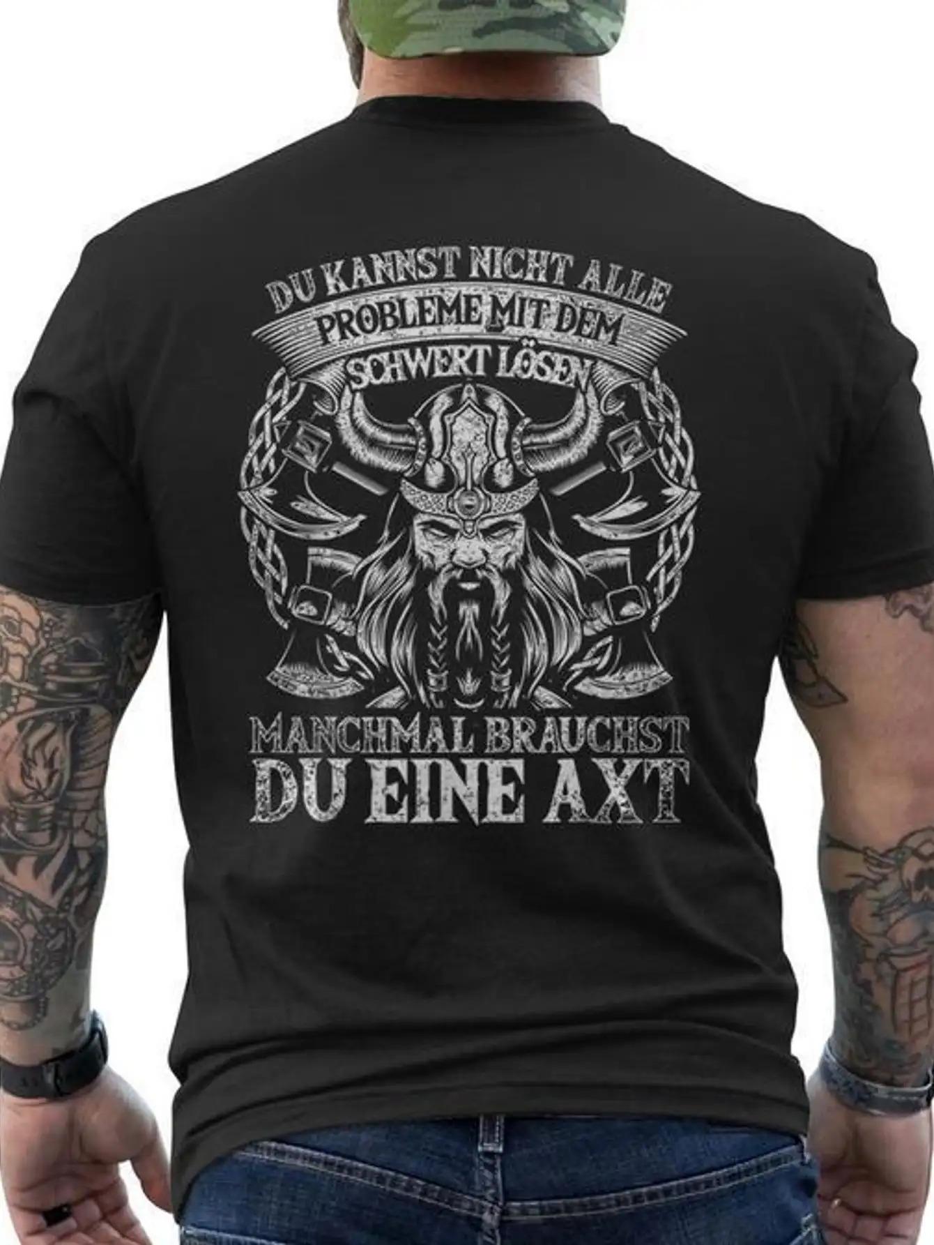 For Viking Norse Mythology T-Shirt - Showcasing a Heavy Metal Inspired German Font And a Design of a Horned for Viking Helmet XXXXL