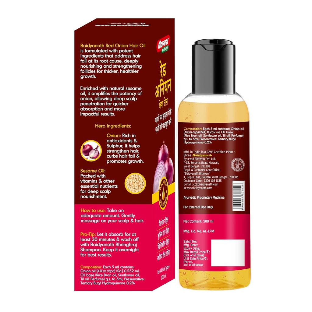 Baidyanath Red Onion Hair Oil 200ml | Natural Hair Nourishment For Stronger, Shinier, Smoother Hair | Reduces Hair Fall & Promotes Growth