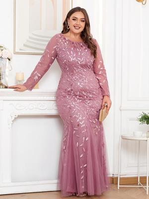 Plus Size Embroidered Fishtail Evening Gown with Long Sleeves and Back Zipper, Fully Lined, Round Neck.
