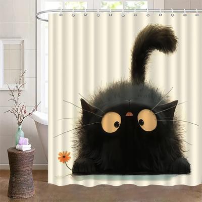 1 Elegant Black Cat Shower Curtain - Polyester Bathroom Decor With Artistic Fluffy Cat Pattern, Hook Included, Polyester Fabric