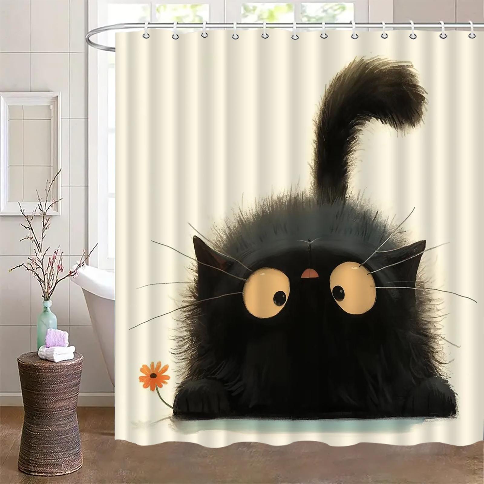 

1 Elegant Black Cat Shower Curtain - Polyester Bathroom Decor With Artistic Fluffy Cat Pattern, Hook Included, Polyester Fabric W60H190(CM)-1 Pcs