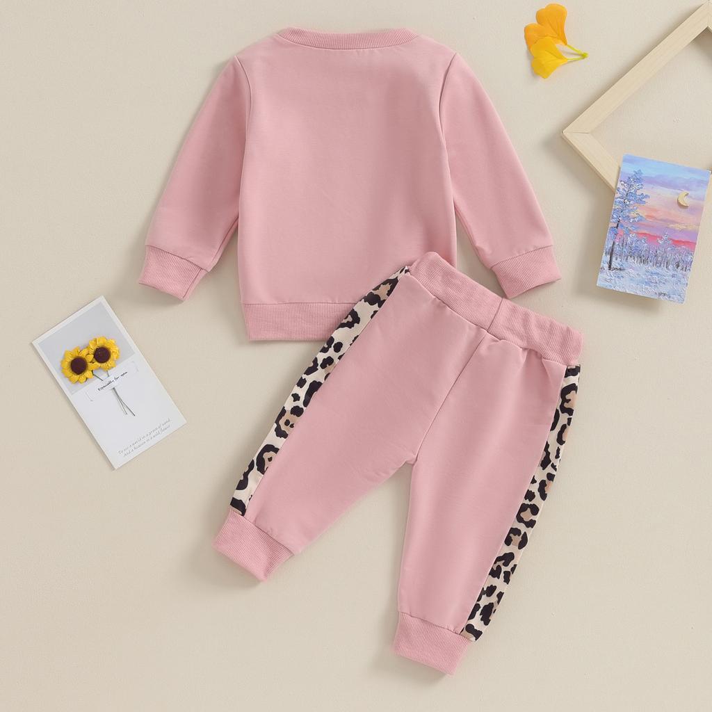 Toddler Girl Fall Clothes Letter & Leopard Print Long Sleeve Pullover Strap Pants 2 Pcs Outfit