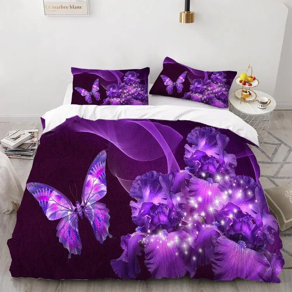 Butterfly Duvet Cover Set 3D Galaxy Purple Butterfly Floral Printed Bedding Set Fantasy Theme King Size Comforter Cover for Girl