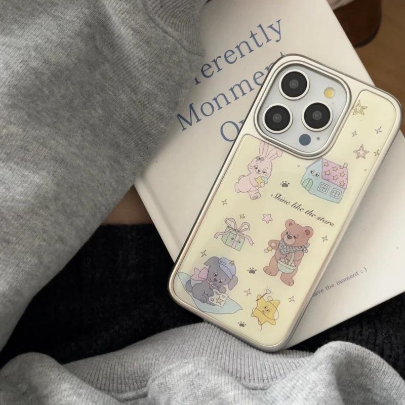 Korean Star Bear Rabbit Is Suitable for Apple iPhone17/16pro Mobile Phone Case 14 Water Condensation 13 Cute 15 Sets