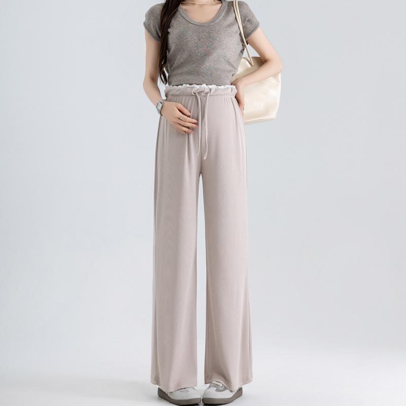 Summer 2026 Ice Silk Wide-Leg Maternity Pants with Lace - Casual, Slimming, Loose, Floor-Length M